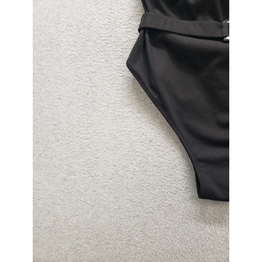 H&M Women Swimsuit S Black Belted Waist Gold Buckle Square Neck Summer Beach